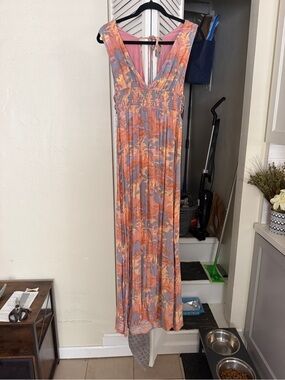 Sleeveless Floral Maxi Dress in Coral and Lavender